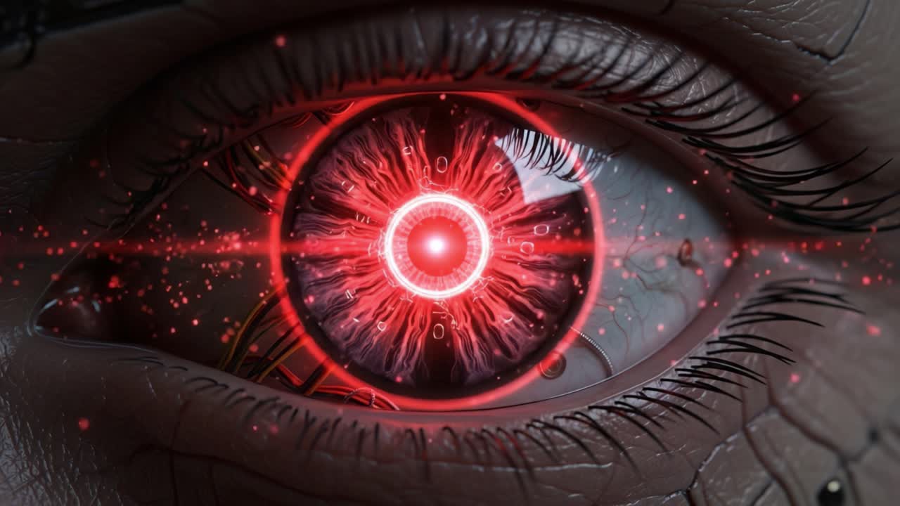 An Intricate Look Into a Cybernetic Eye, Featuring a Glowing Red Core Surrounded by Pulsating Energy and Stunning Mechanical Details for a Sci-Fi Aesthetic