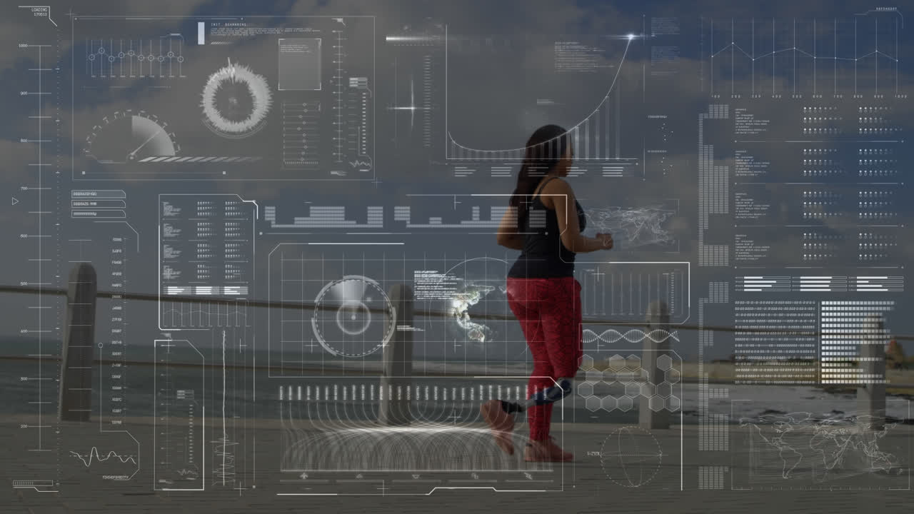 animación de escaneo de alcance y procesamiento de datos sobre mujer con extremidad artificial caminando por la orilla del mar