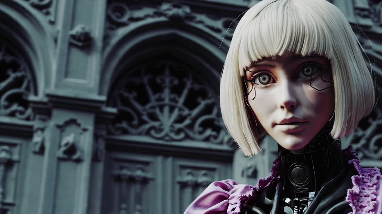 오래된 건물 앞에 있는 사이버 크 여성