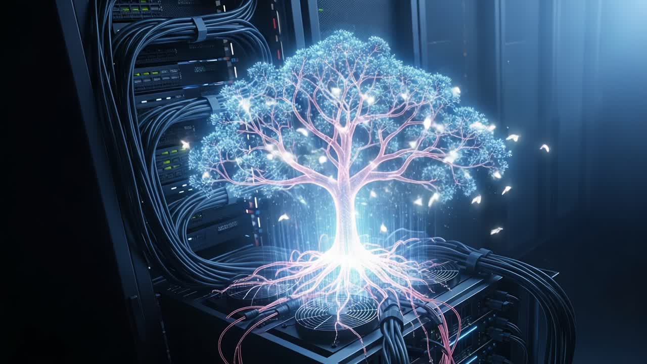 A Serene Digital Tree Emerging from Server Cables, Symbolizing Connection and Growth in a Complex Technological Landscape