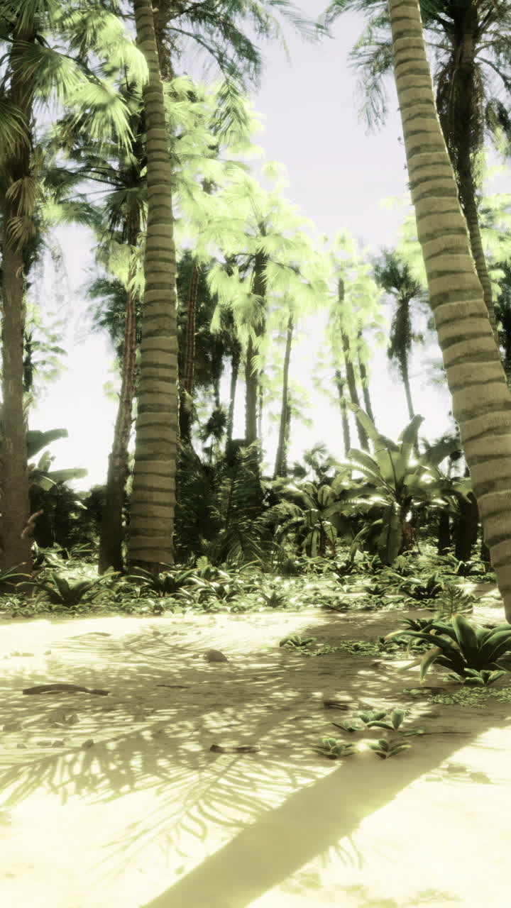 Lush tropical landscape with palm trees and vibrant greenery by the beach