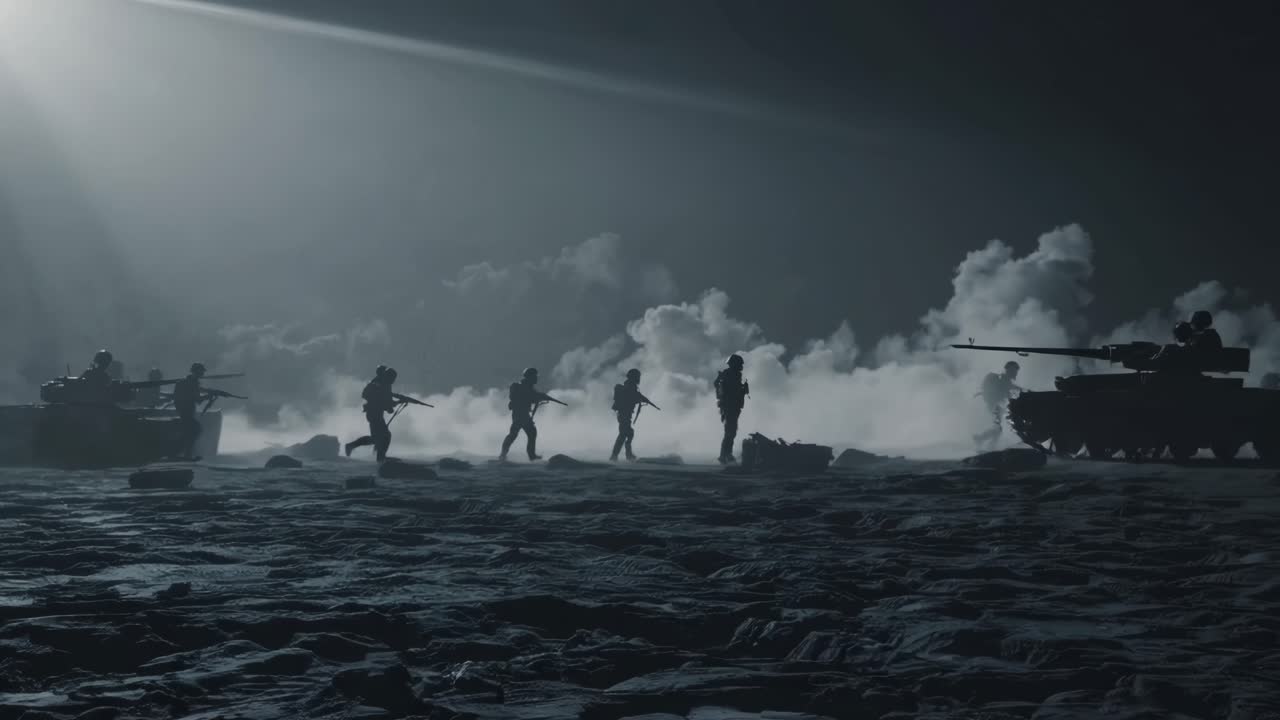 Silhouette of Soldiers in a War Zone
