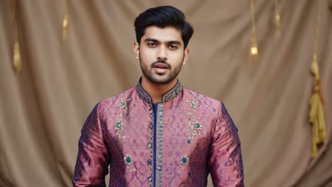 young groom wearing traditional indian clothing, showcasing elegance with closed eyes, surrounded by rich golden decorations that enhance the festive atmosphere of the wedding ceremony