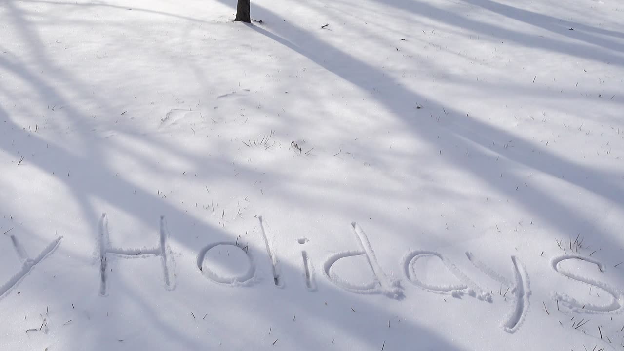 Inscriptie van 'fijne feestdagen' in de sneeuw. Opname in de winter.