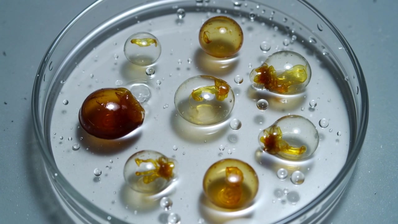 In risposta alla luce dall'alto, goccioline chiare che si gonfiano, estrudendo ambra in capsula di Petri, con una perla scura che si diffonde