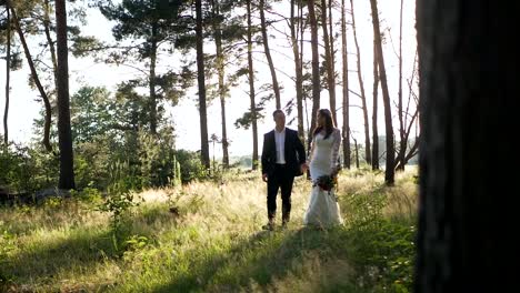 Couple walking hand-in-hand in a sunlit forest