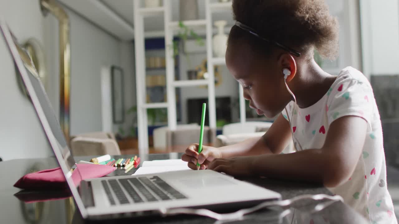 Video of african american girl using laptop