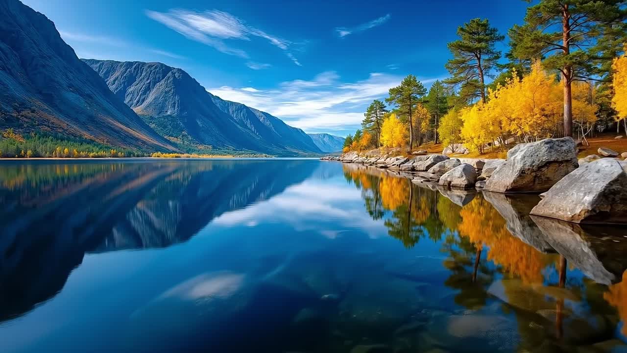 Un lac entouré de rochers et d'arbres au milieu d'une chaîne de montagnes