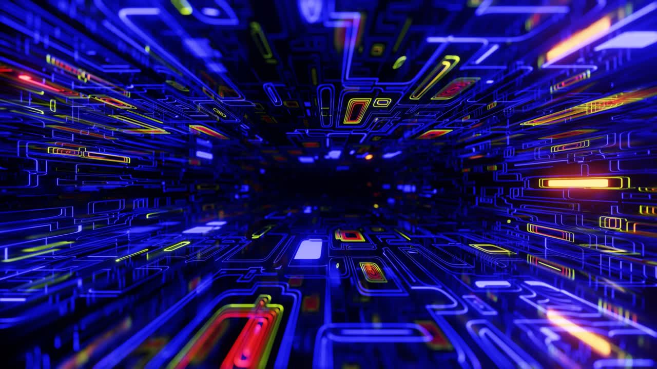 estructuras holográficas complejas. volar a través del túnel de espejo con patrón de neón, líneas de brillo forman patrón de ciencia ficción. luz de neón de reflexión brillante. simple bg, estructura de ciencia fiction. animación en bucle sin costuras de 4k.