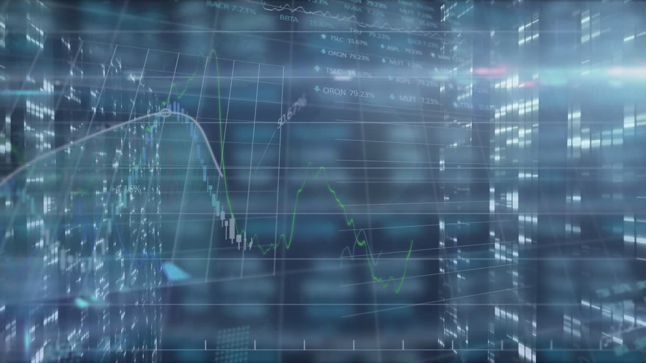 Animation of financial data processing on blue background