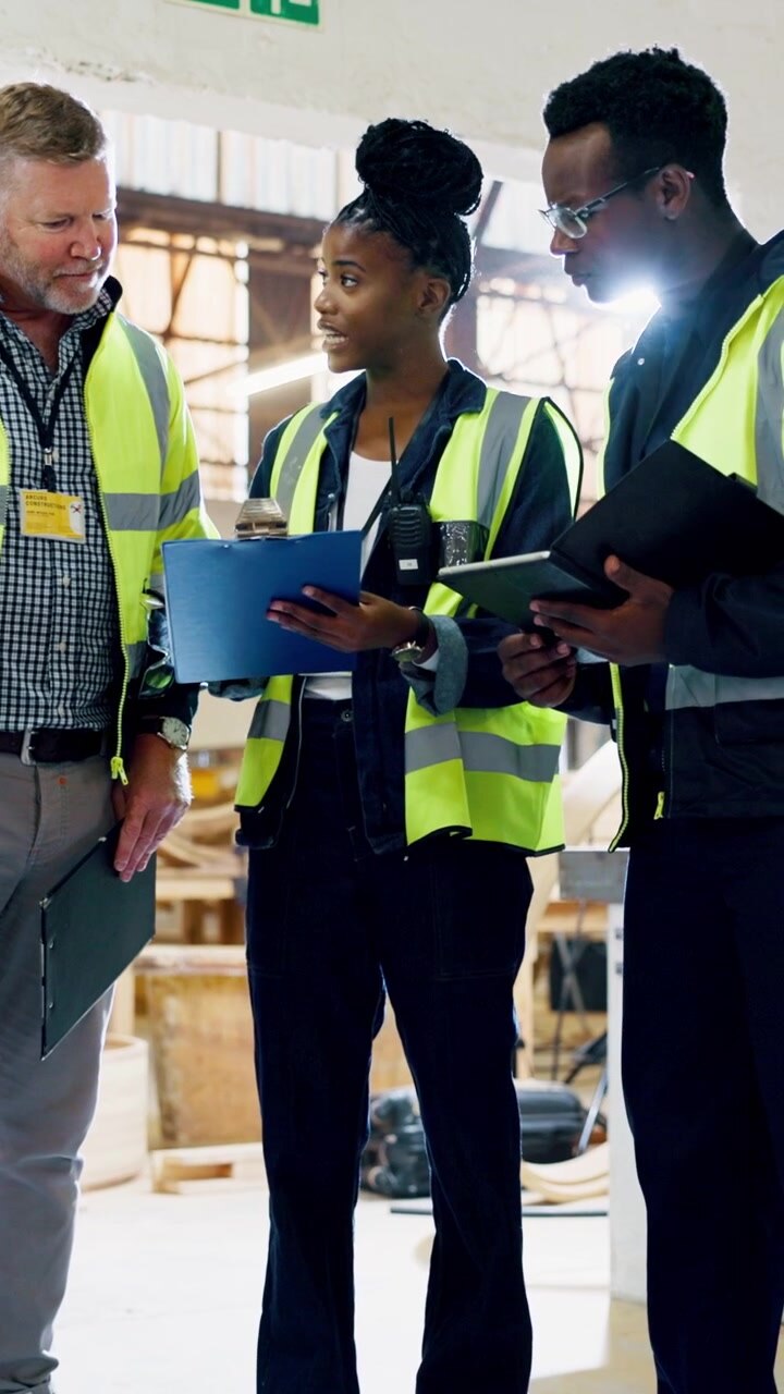 Diverse Team of Engineers Discussing Project Plans in Industrial Warehouse