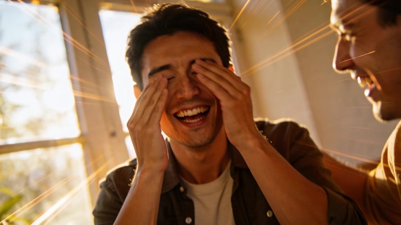Laughing seated man wearing dark shirt covering eyes at sunlit window as friend leaning in smiling