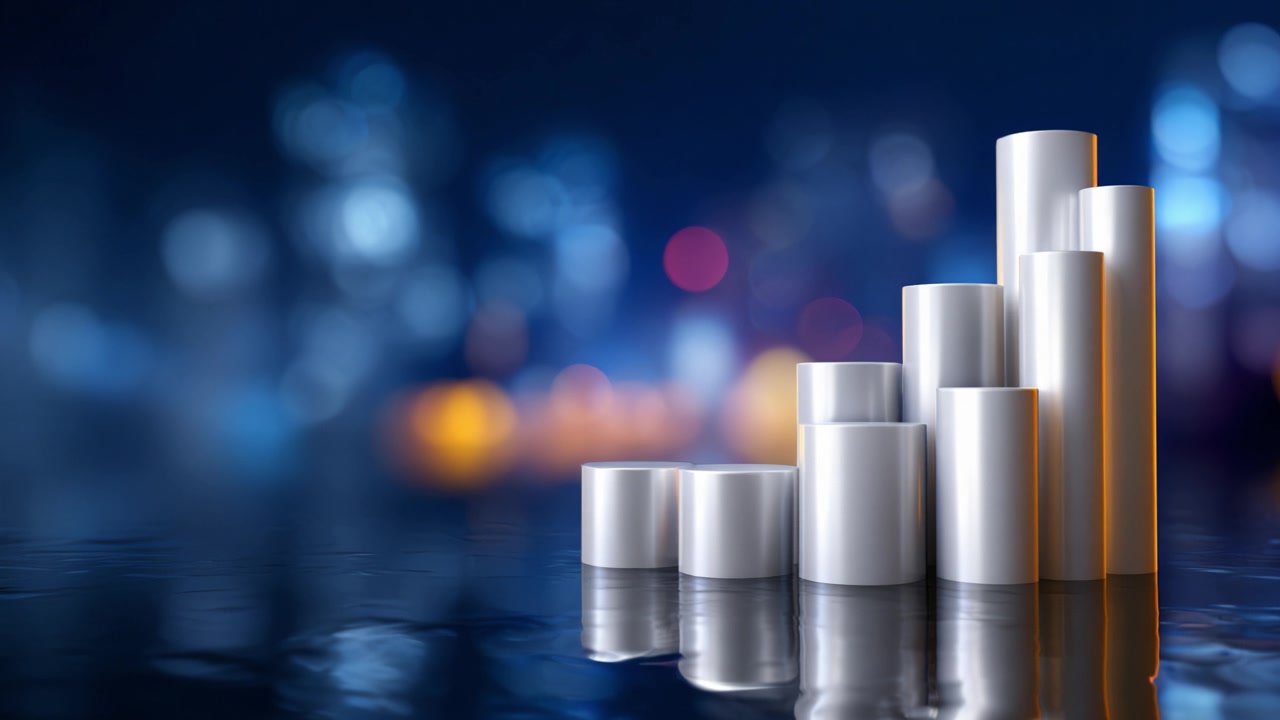 A Dazzling Graphic Display of Metallic Cylindrical Shapes Rising Gradually Against a Dreamlike Cityscape Background with Soft Bokeh Effects and Reflections