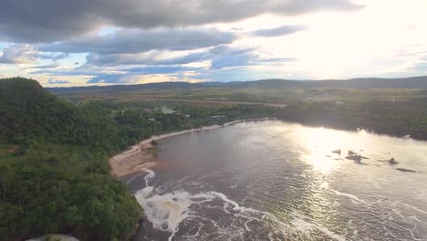 aerial view of the canaima's lagoon during sunset from the waterfalls