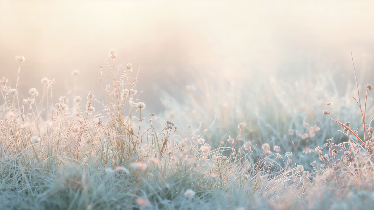 Rising sun boosting backlight, frosted grasses seedheads sparkling in meadow at dawn, dew shining