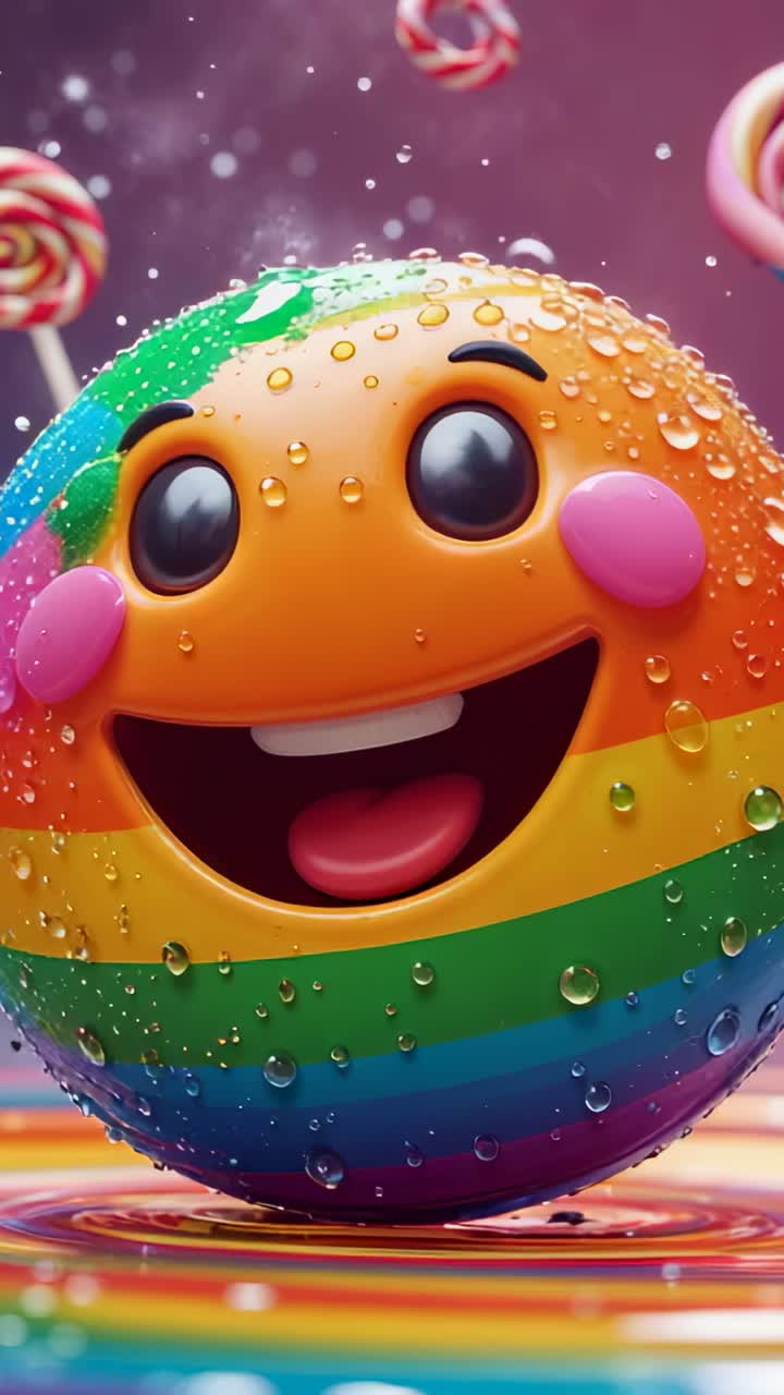 Vertical video: At start rainbow sphere rotating, droplets sliding, lollipops hovering in candy set