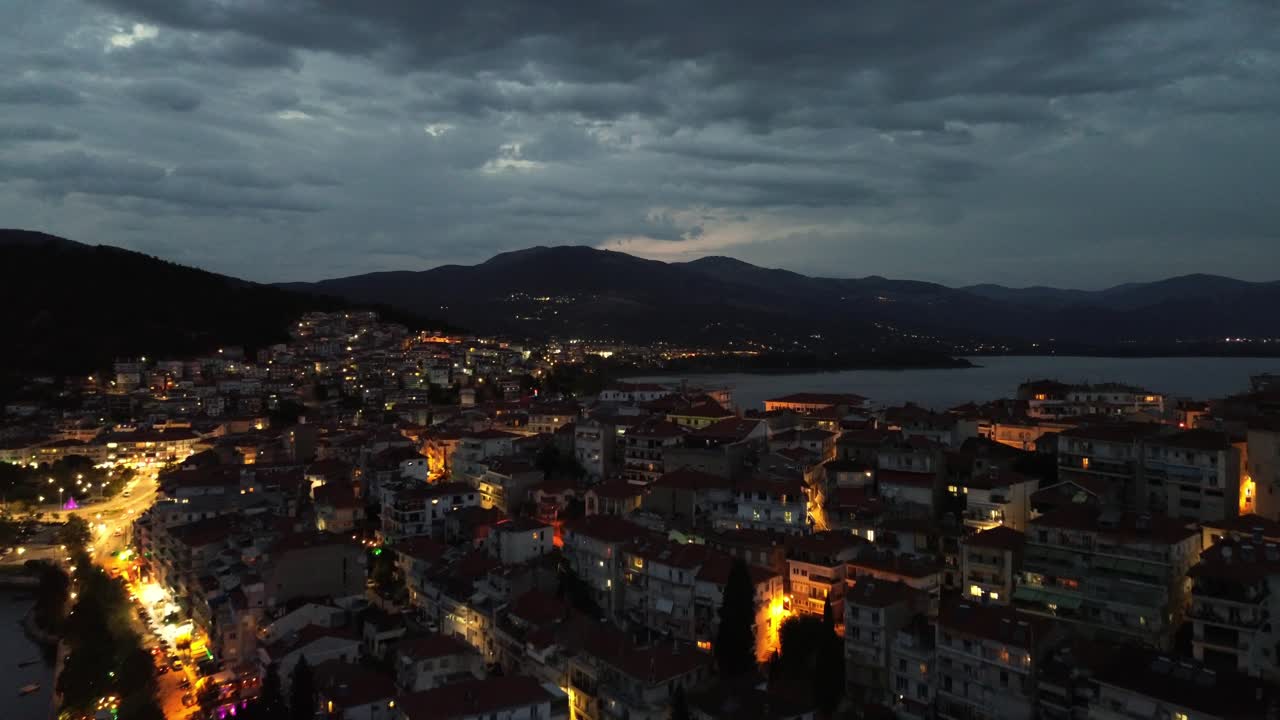Kastoria, Greece Nightscape: A Unique Drone's Eye View of the Charming City and its Mesmerizing Lake - 4K Quality