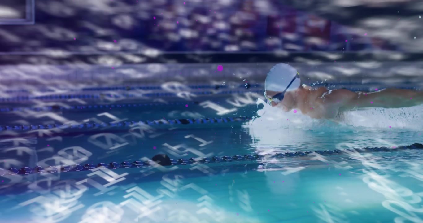壁を蹴って平泳ぎをする水泳選手、水面にはスポーツデータを示すデジタルオーバーレイが重なっている