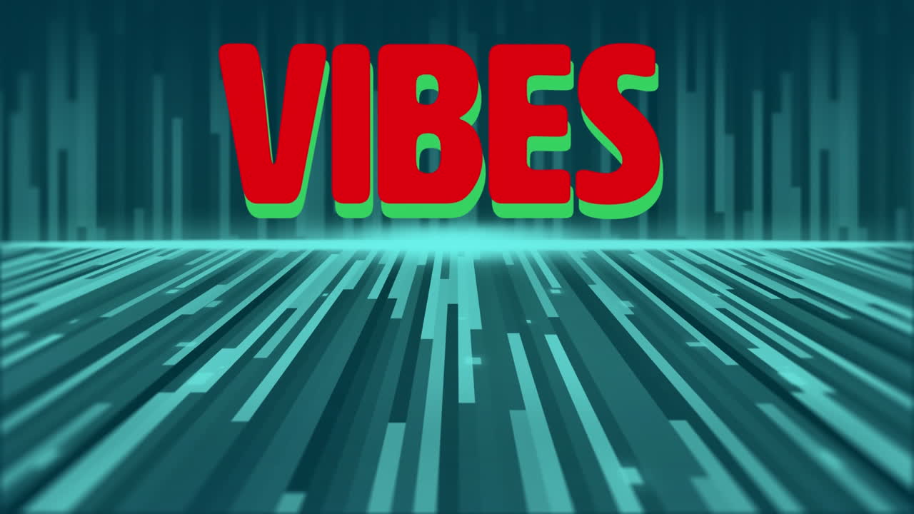 Digital animation of vibes text against light trails moving green background