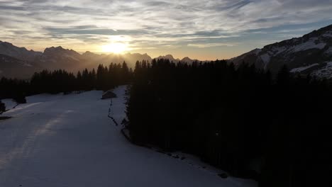 Resplandor-Del-Atardecer-Sobre-Los-Pinos-Nevados-De-Amden,-Suiza---Aéreo