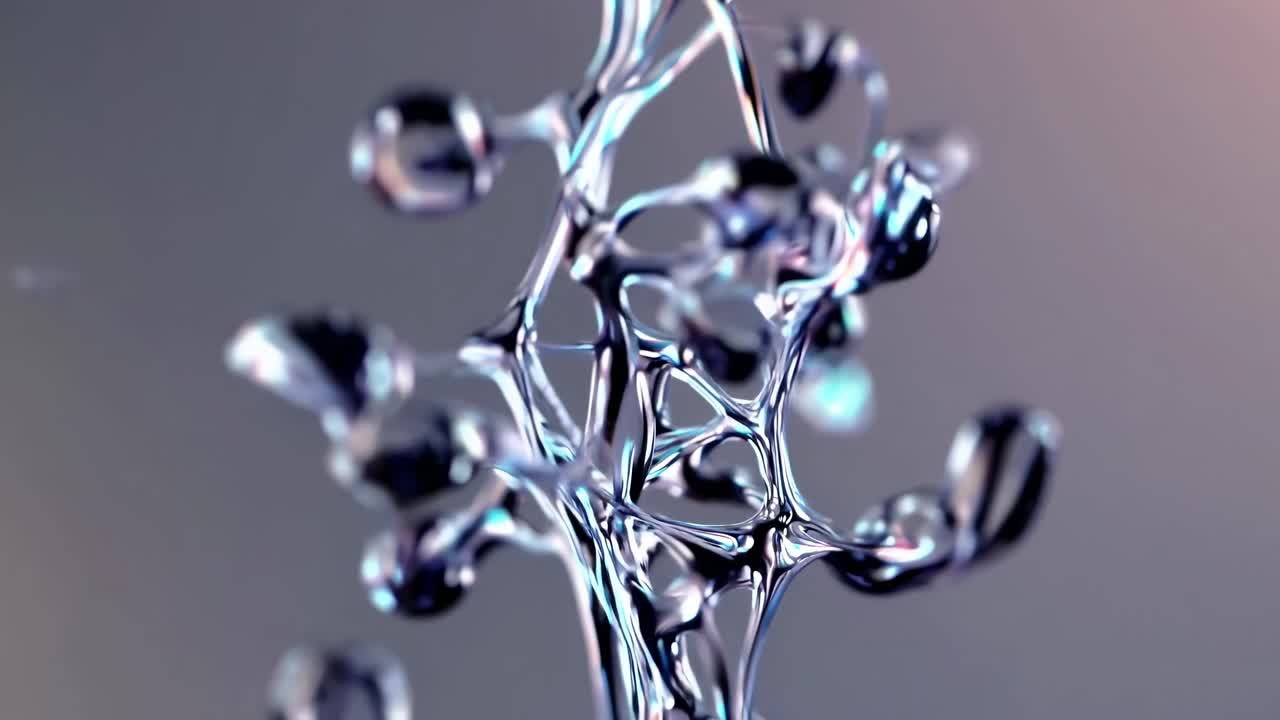 Close-up of a fluid metallic structure with a reflective surface and intricate patterns on a blurred background