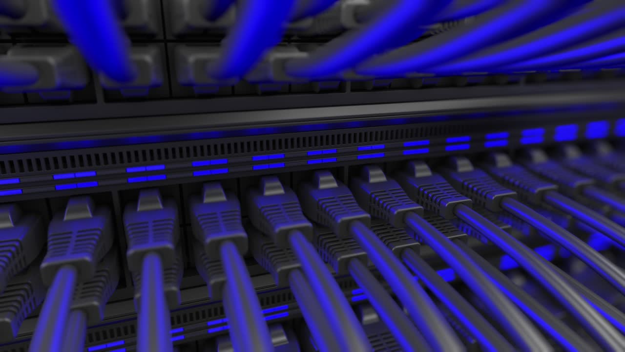 인터넷 네트워크 스위치에 연결된 이더넷 케이블이 있습니다.