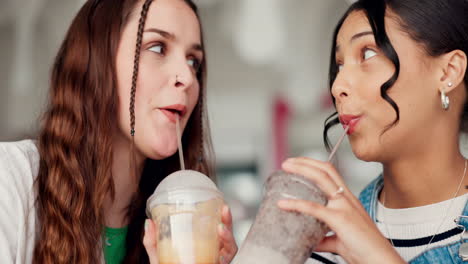 happy, girl friends and milkshake in a restaurant