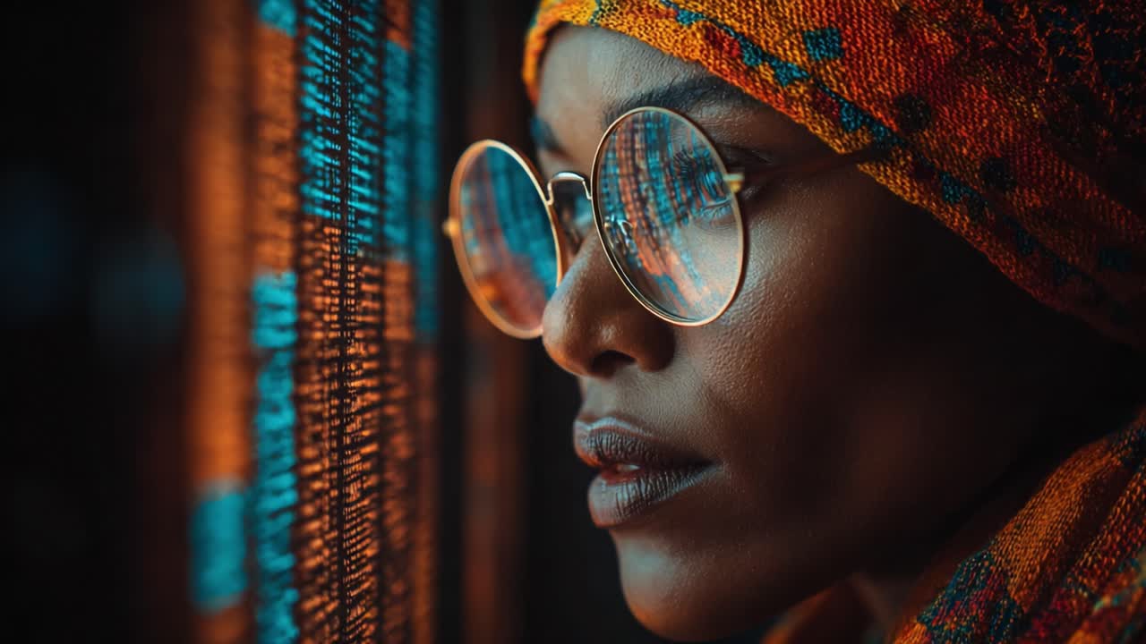 A Thoughtful Moment: A Close-Up of a Person in Stylish Glasses and Colorful Headwear, Gazing Reflectively Through a Window, Embracing Contemplation and Depth