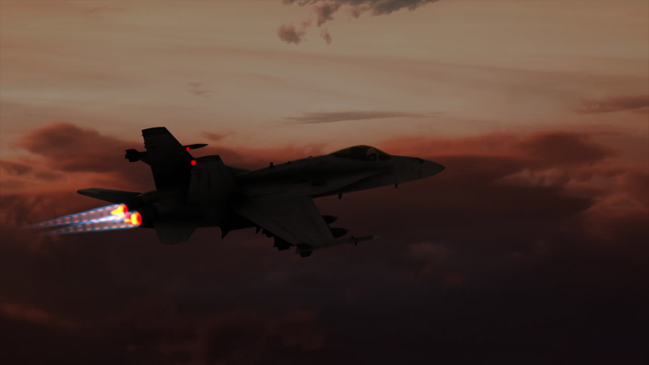 4K Aerial F18 Hornet flying at dusk