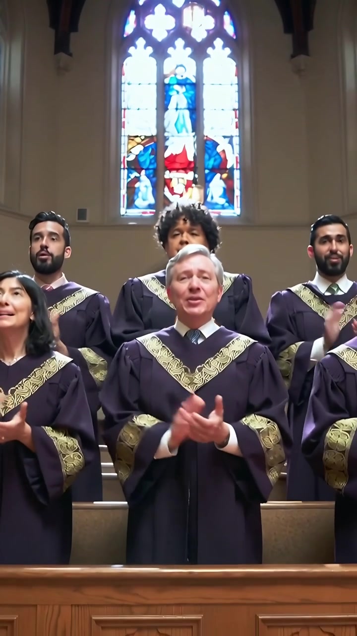 Video vertical: Abriendo la boca y comenzando a aplaudir, director guiando al coro en la iglesia para el culto, túnica morada.