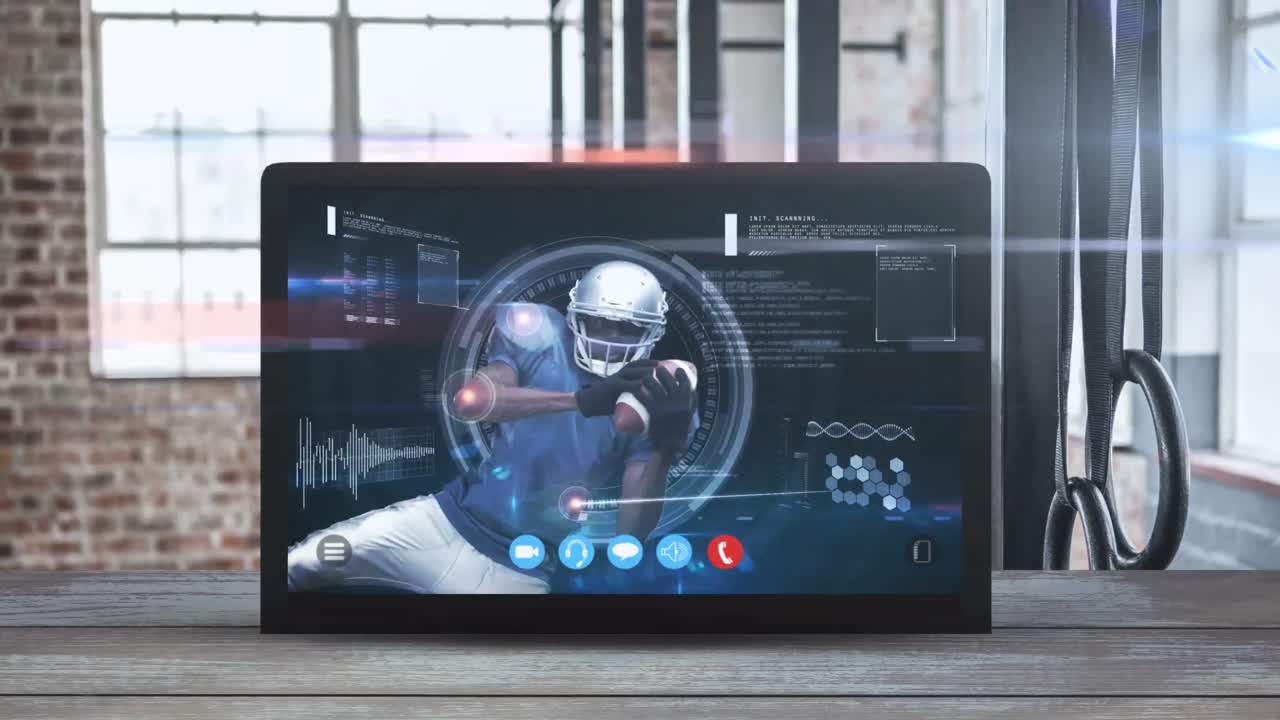 animación de una computadora tablet que muestra a un hombre afroamericano haciendo ejercicio. propagación del coronavirus