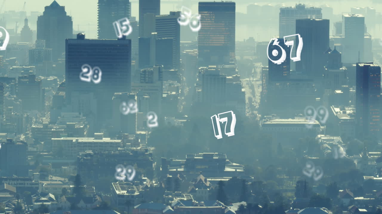 도시 풍경 위의 숫자 애니메이션과 데이터 처리