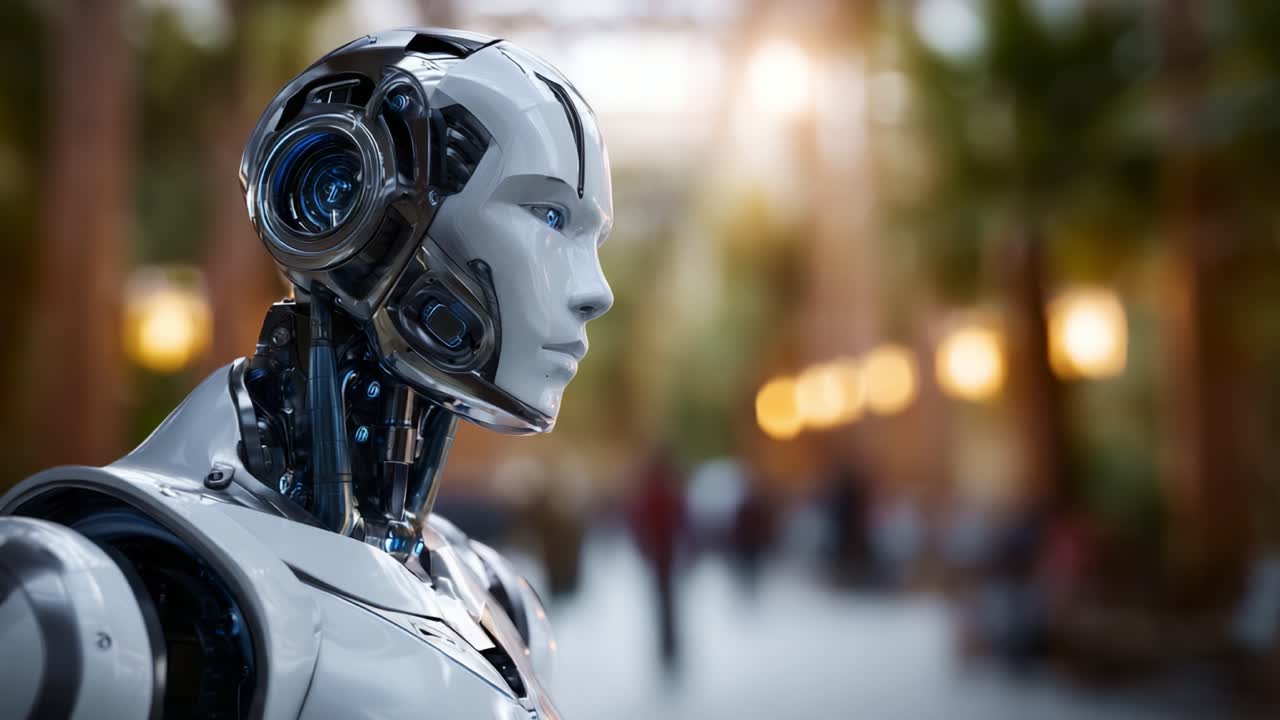 Un robot futuristico che mette in mostra tecnologia e design avanzati in un ambiente moderno con connettività migliorata e appeal estetico