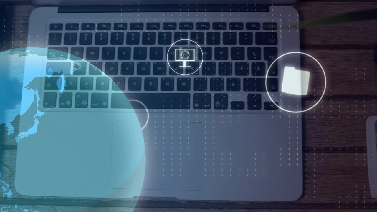 Holografisk globus kommer ind fra venstre over tastatur, mens ikoner stiger og pulserer, viser digitalt arbejdsområde.