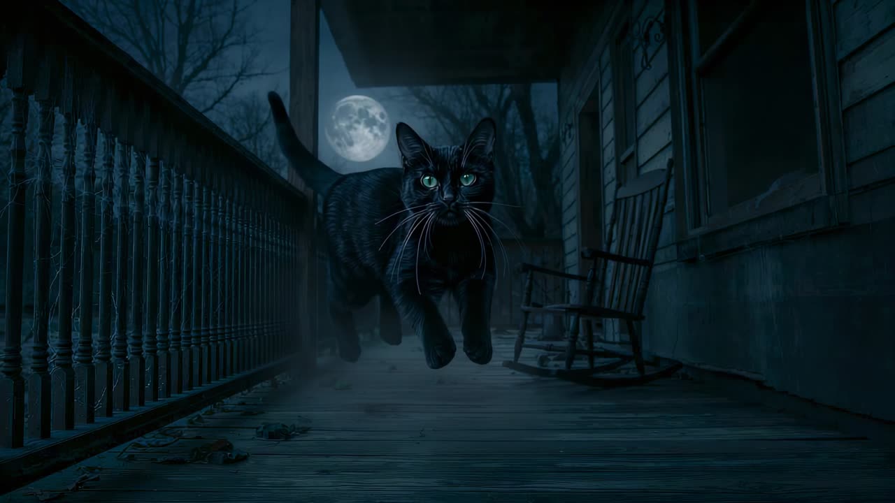 ベランダに満月の光が差し込み、黒猫が手すりを歩き、鑑賞者に向かって跳躍する様子