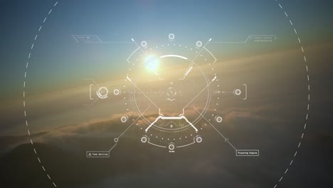 military drone aircraft cockpit, dashboard infographics display searching target