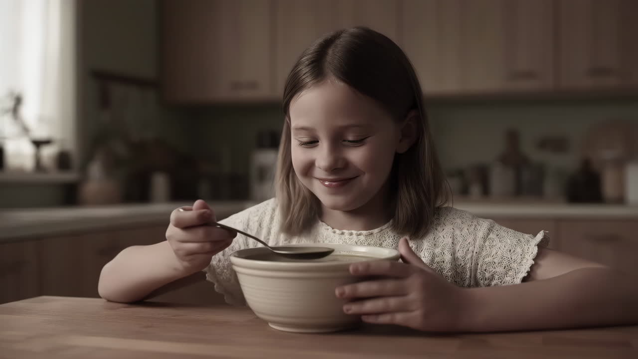 A Young Girl Enjoys a Bowl of Warm Soup