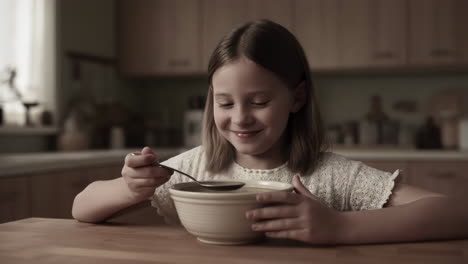 a young girl enjoys a bowl of warm soup