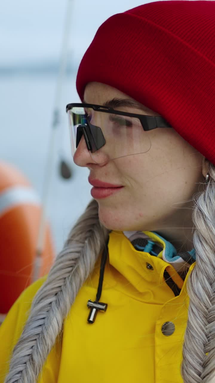 Smiling Woman in Red Beanie and Yellow Jacket Outdoors