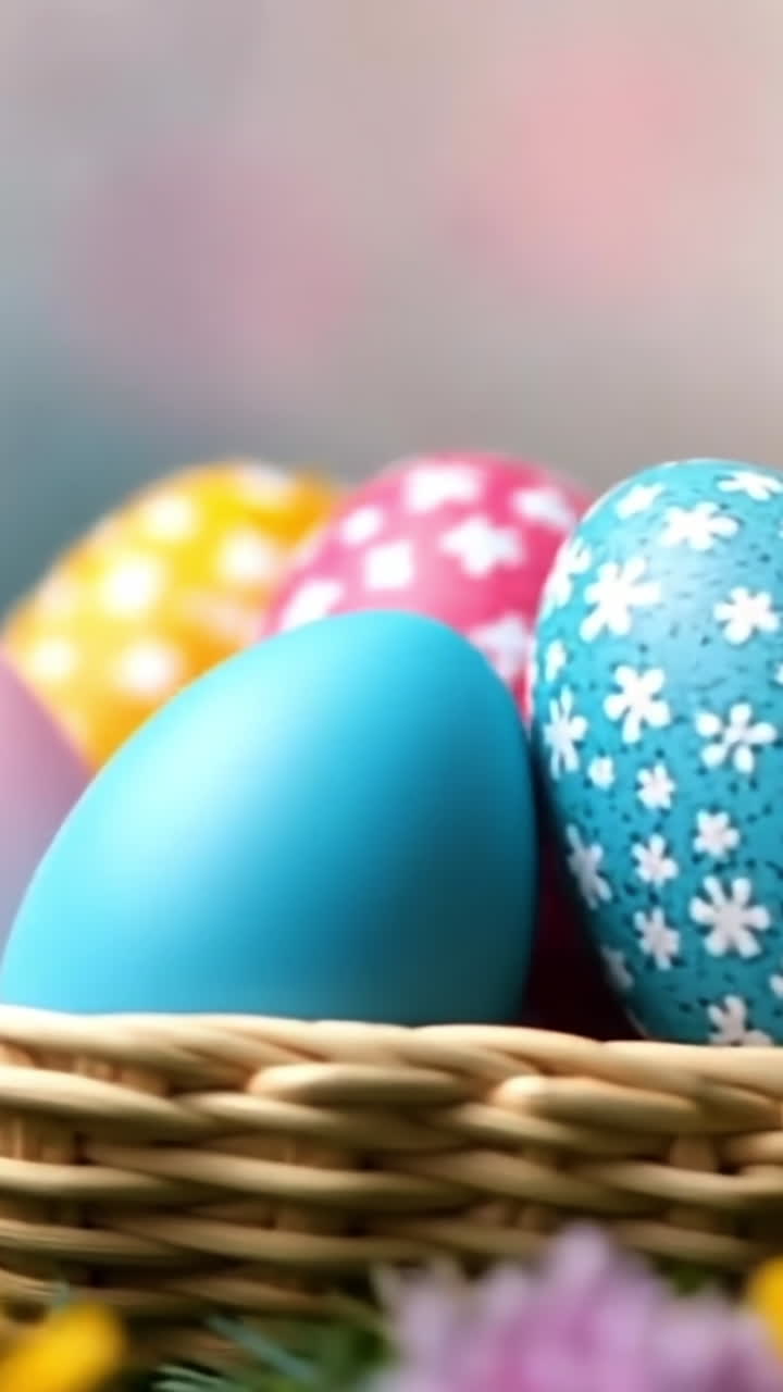 Colorful Easter eggs in a wicker basket. Brightly colored Easter eggs rest in a wicker basket surrounded by blooming flowers in a sunny garden setting.