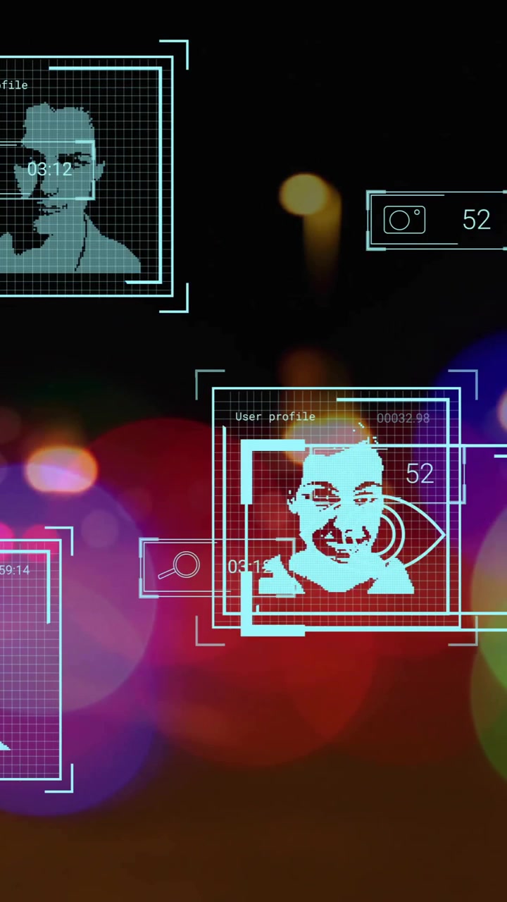 Animation of data processing with people portraits over cars on street with bokeh