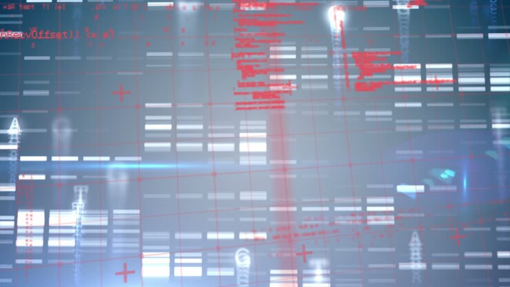 Animation of red dots and moving columns over data processing on black background