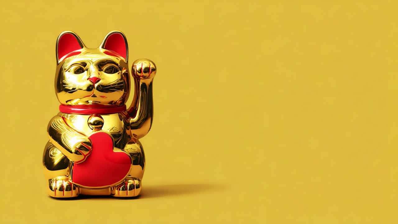 A Charming Golden Cat Figurine with a Heart Standing Against a Bright Yellow Background - Perfect for Adding a Touch of Whimsy to Any Space or Decorative Arrangement