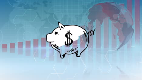 piggy bank icon over globe against statistical data processing and world map on blue background