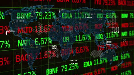 Animación-Del-Procesamiento-De-Datos-Financieros-Y-Mapa-Mundial-Sobre-Fondo-Negro