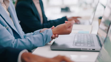 wrist pain, office laptop and business person