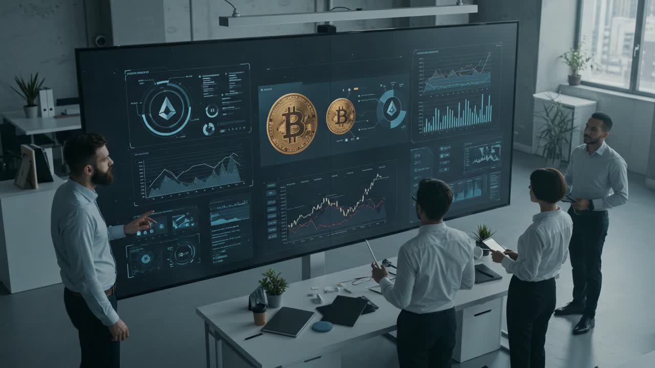 Analyzing Cryptocurrency Trends: A Group of Professionals Engaged in Data Visualization and Insightful Discussion Around Cryptocurrency Market Dynamics