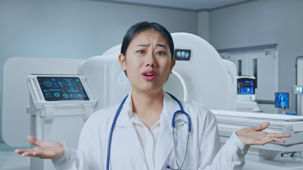 Close Up Of Asian Woman Doctor With Stethoscope Showing Puzzled Gesture And Saying What With Mri Machine In The Hospital