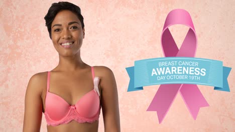 animación del logotipo de cinta rosa con texto de cáncer de mama sobre una mujer sonriente con sujetador rosa
