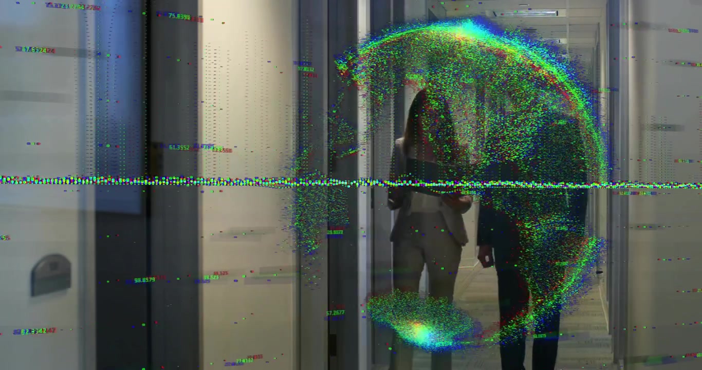 Business team walking office corridor and sparking glitch effect while reviewing folder contents